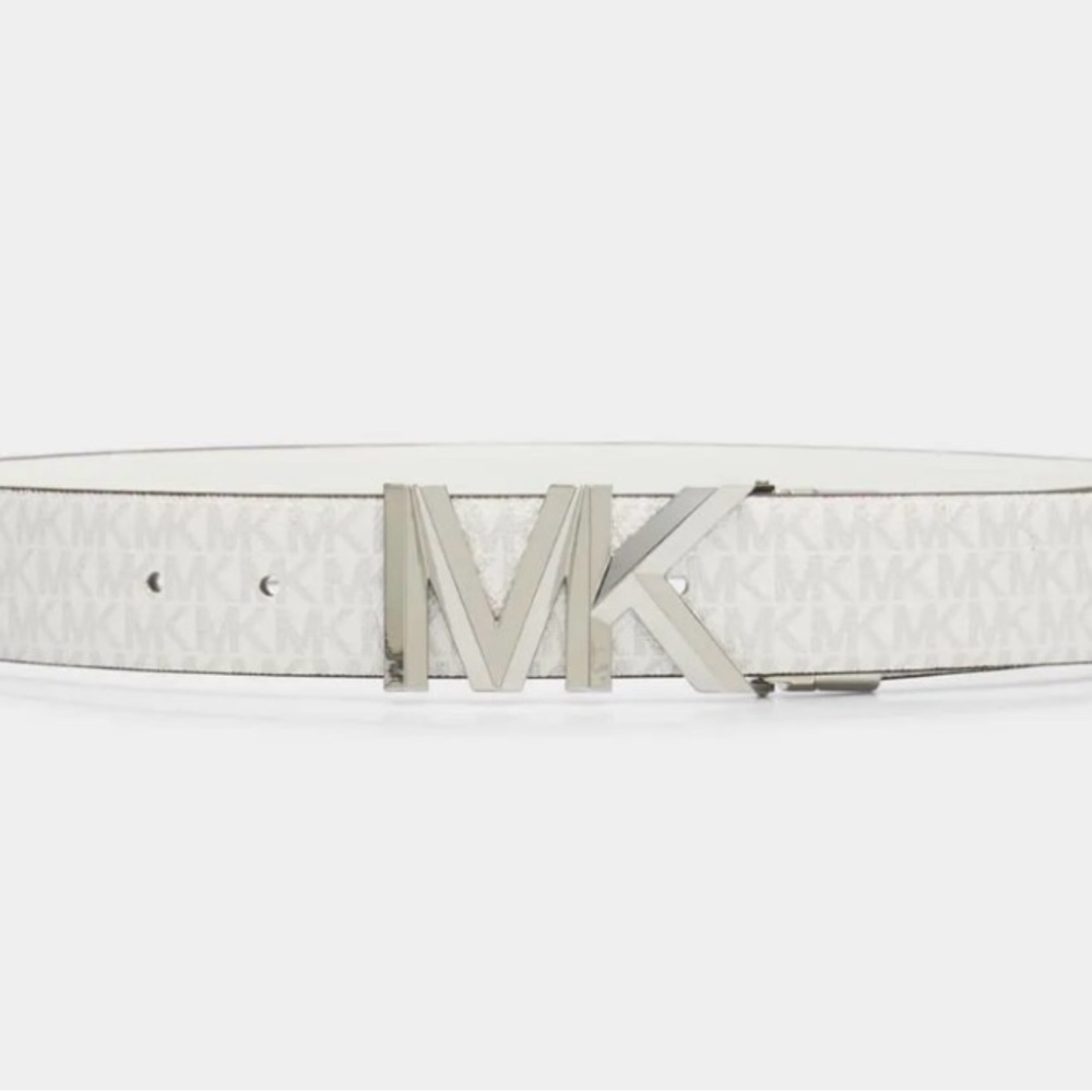 Michael Kors White MK Logo Monogram Belt with Silver Buckle - Picture 3 of 3